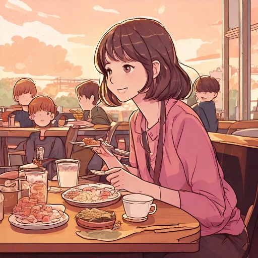 ファミレスで食事している様子