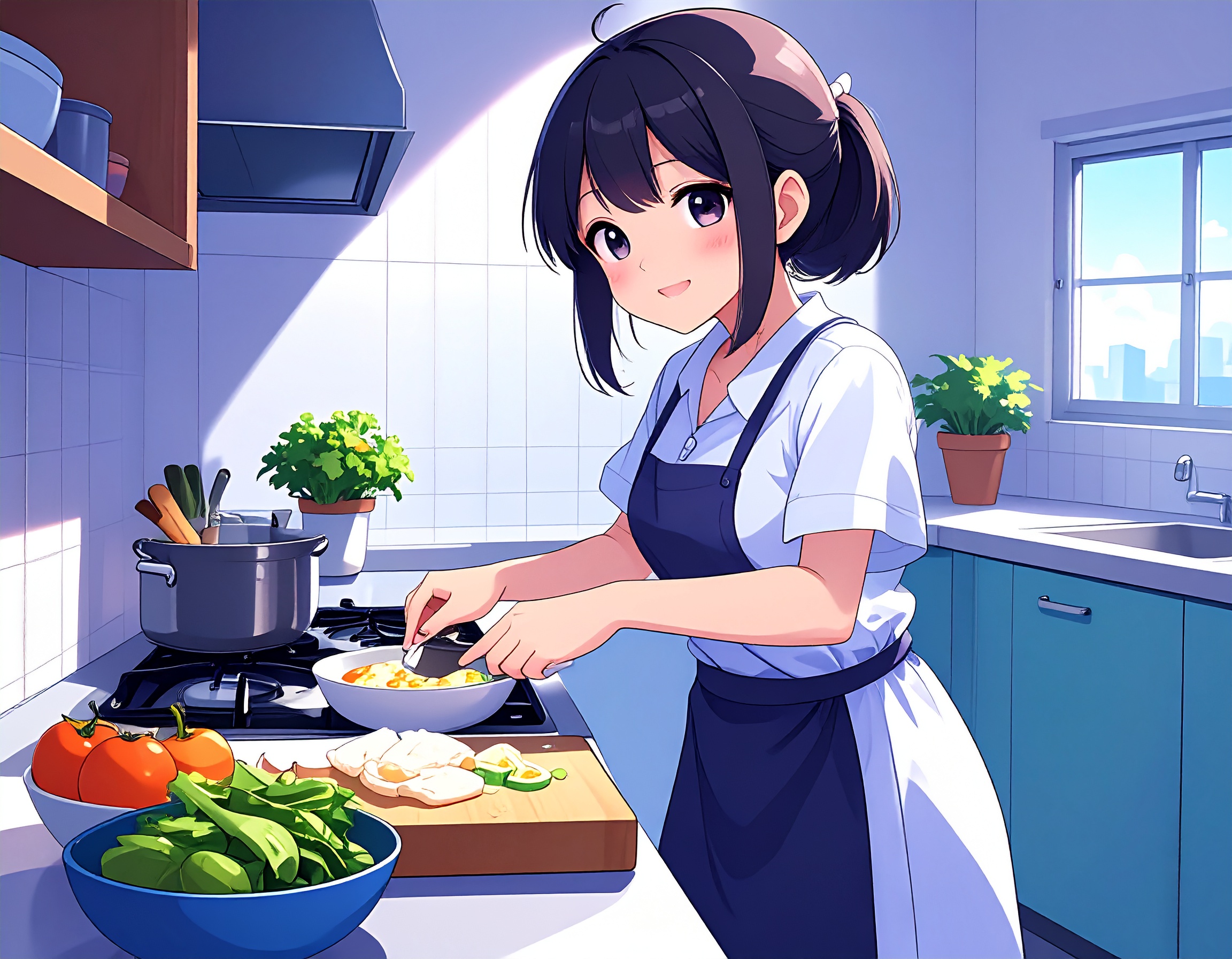 台所で料理している様子