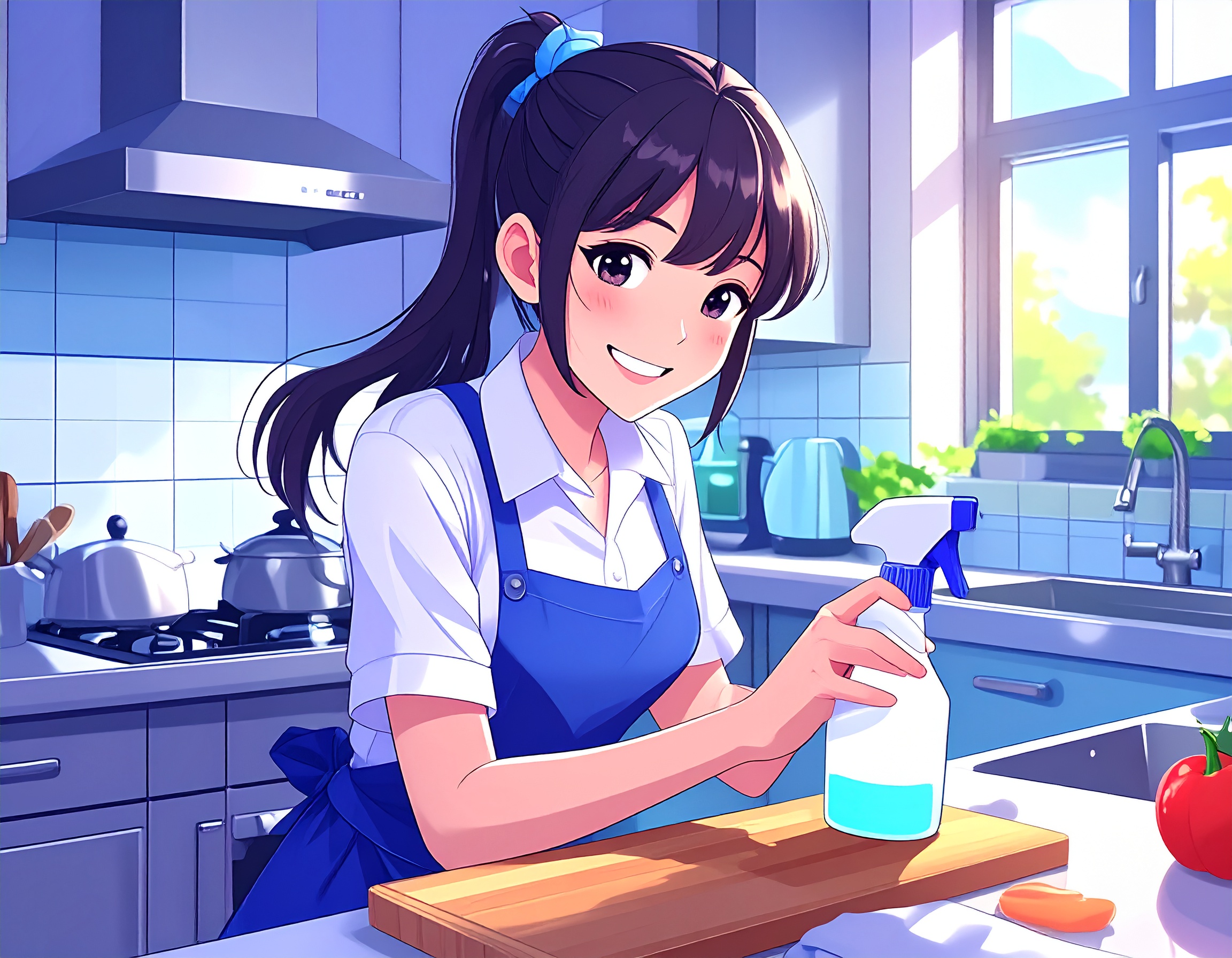 キッチンでキッチンハイターとまな板の前で笑顔でほほ笑む主婦