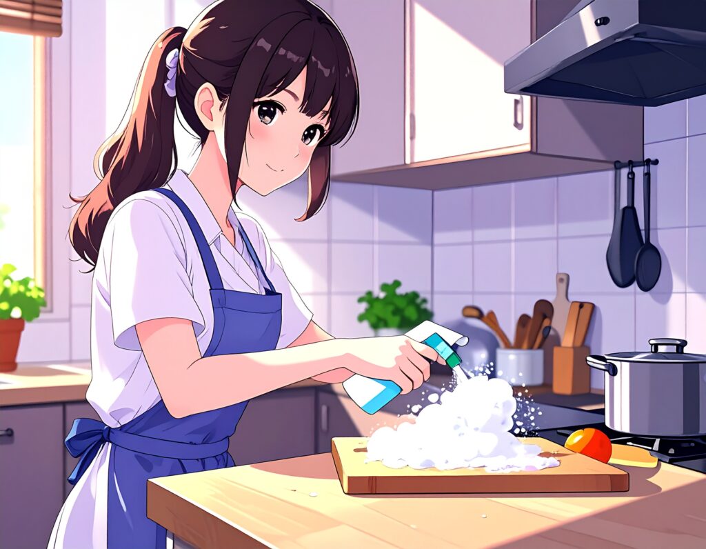 キッチンハイターでまな板を消毒している様子