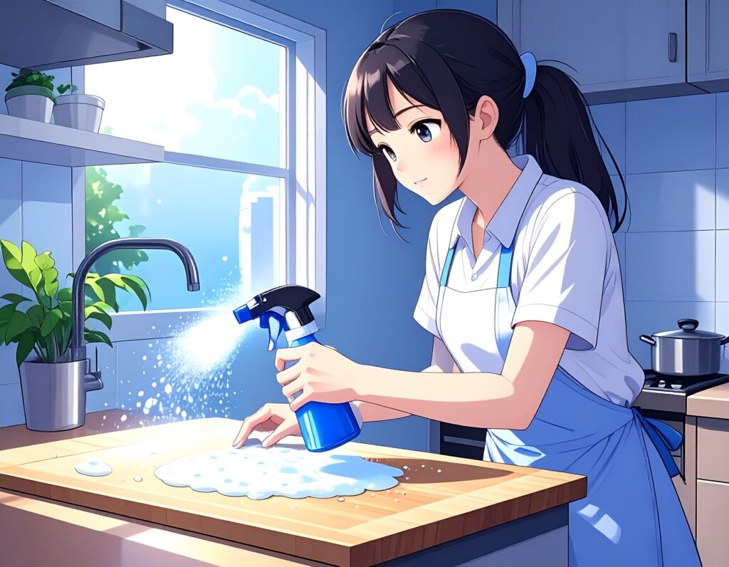まな板を消毒している様子
