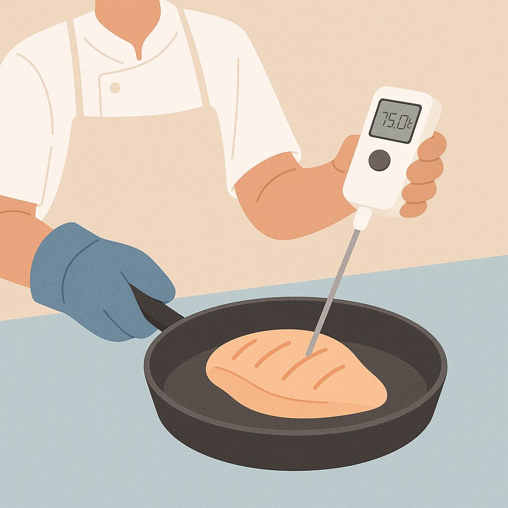 中心温度計で鶏肉を温度測定している画像