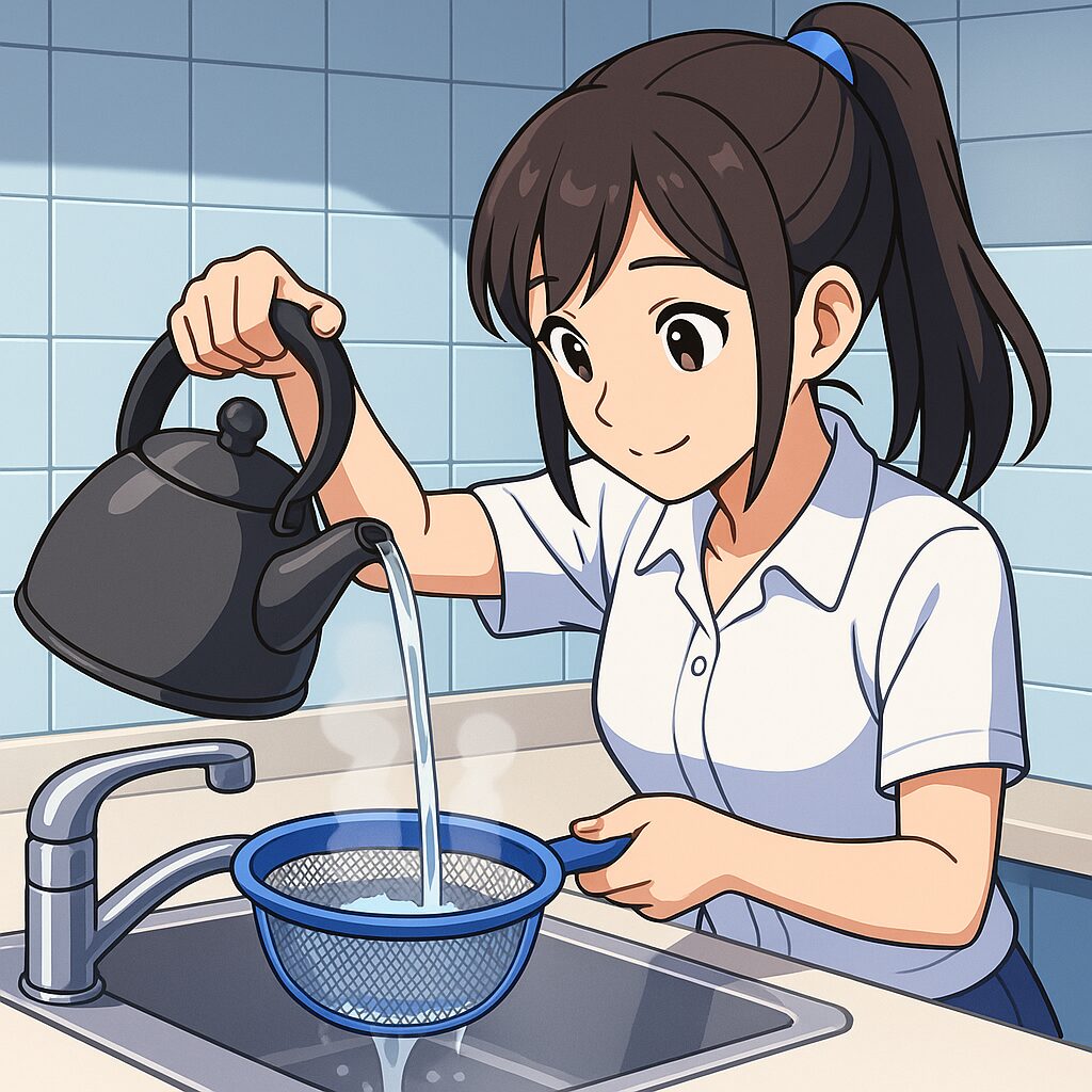 ザルを熱湯消毒している主婦