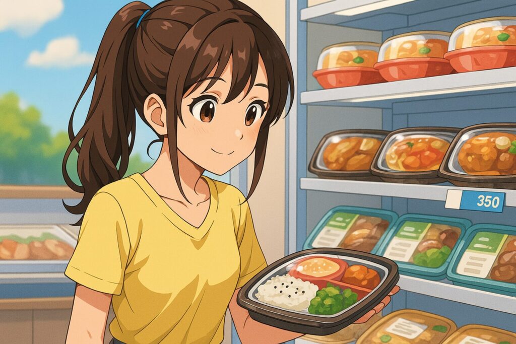 弁当で食品表示を見ている様子