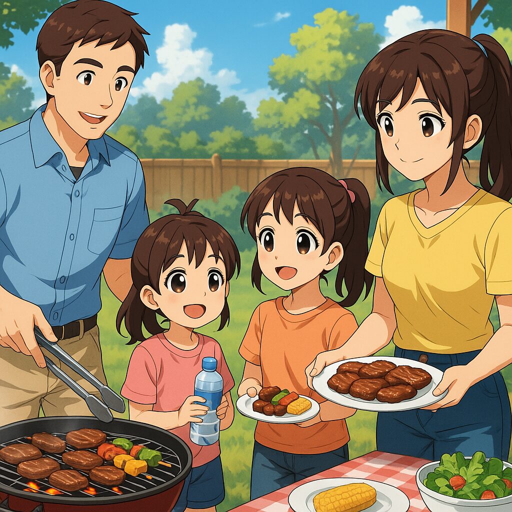 家族でバーベキューしている様子