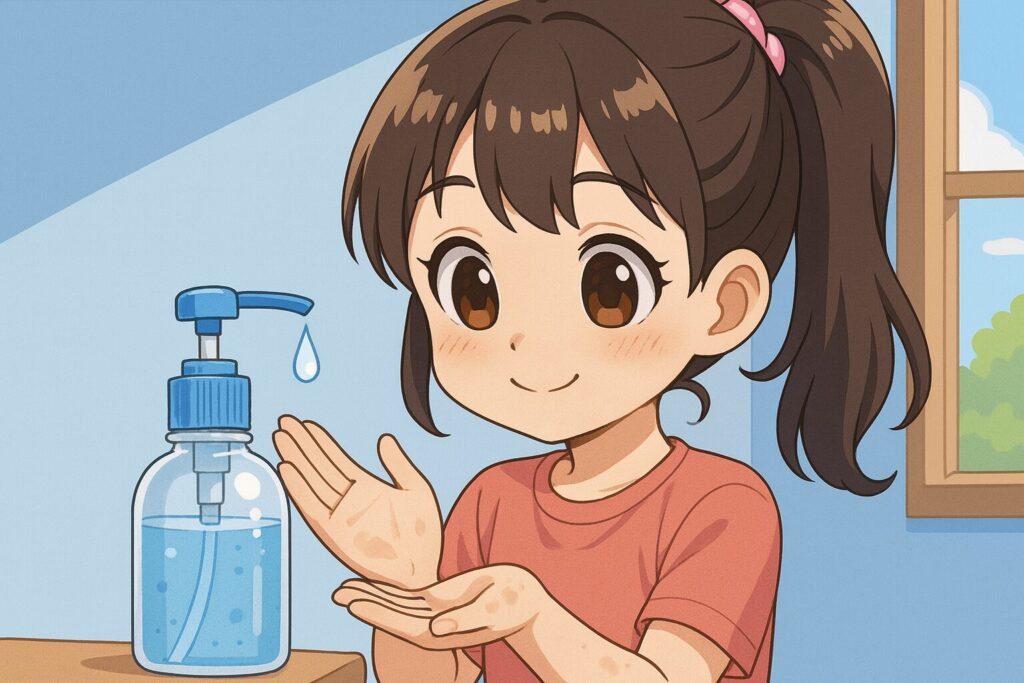 手をアルコール消毒。それでも汚れは残っている様子