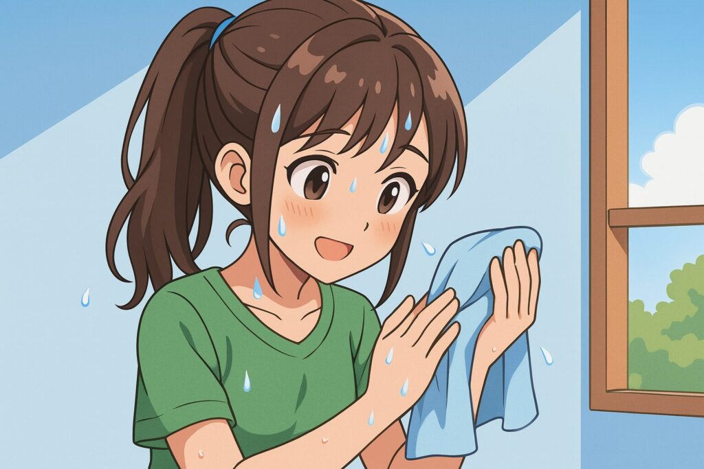 汗をかきながら、手をタオルで拭く女性