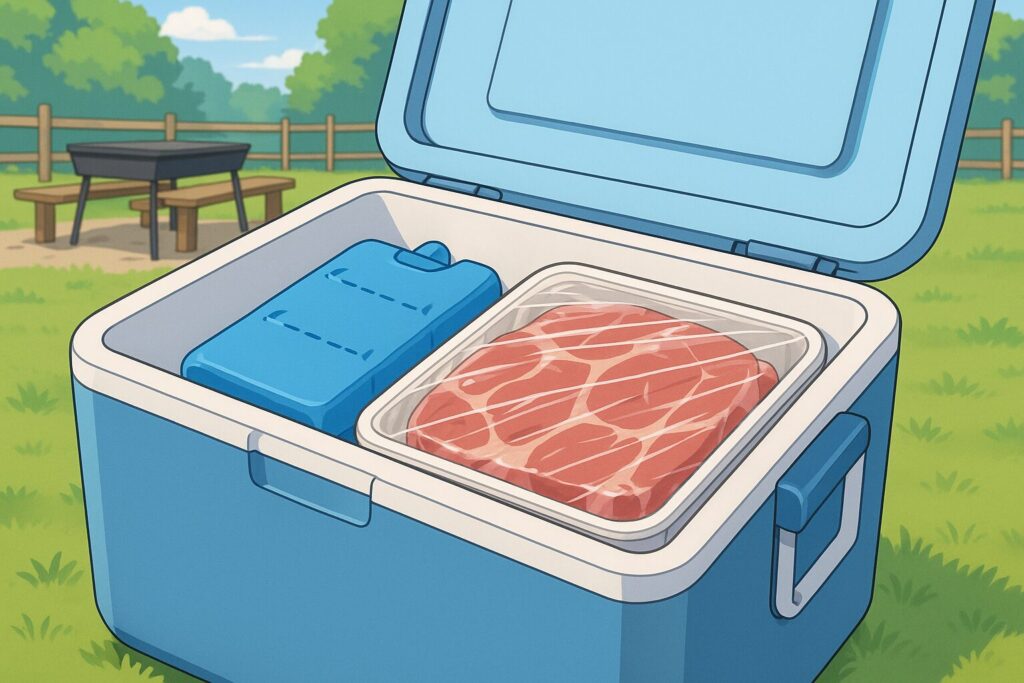 保冷剤入り保冷バックに肉が入っている様子