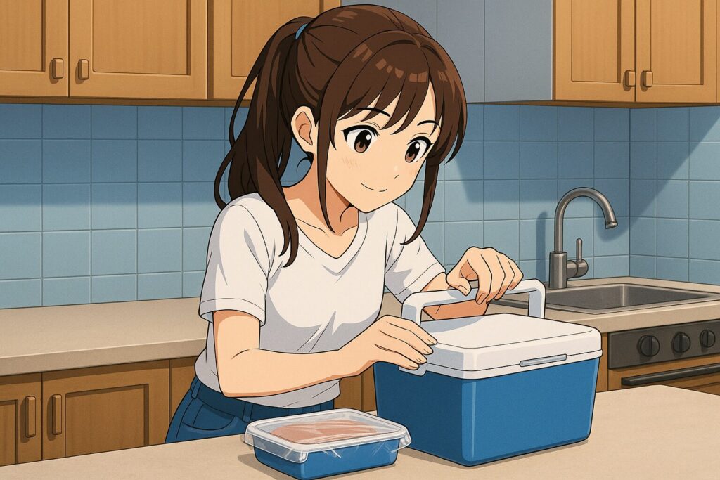 保冷バックに肉を入れている主婦