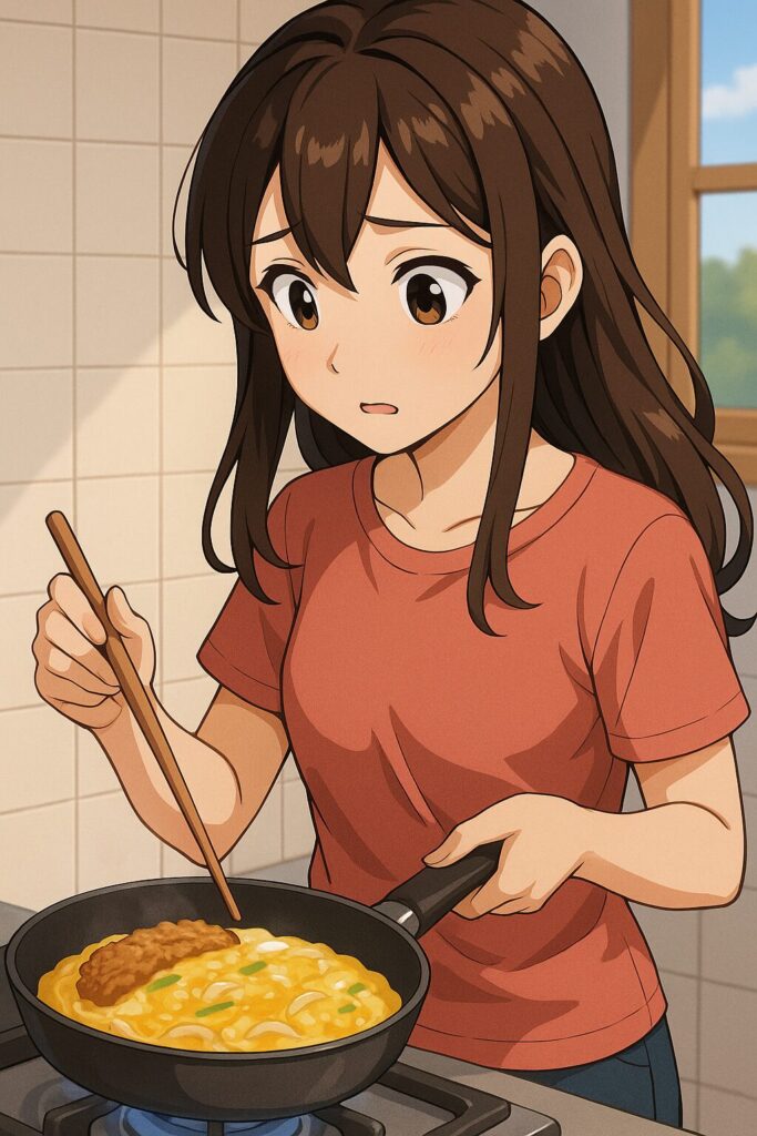 かつ丼をしっかり加熱している様子