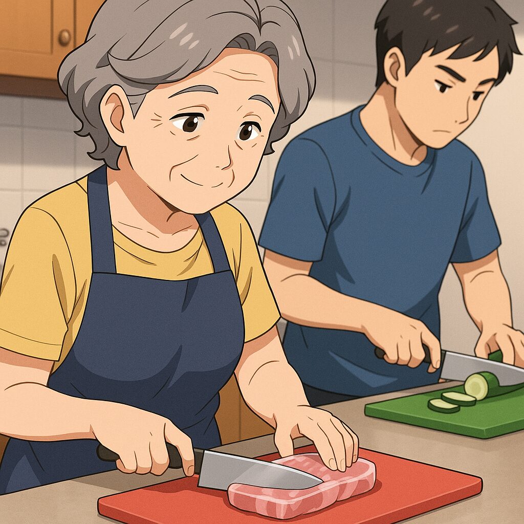 色分けされたまな板で調理している様子