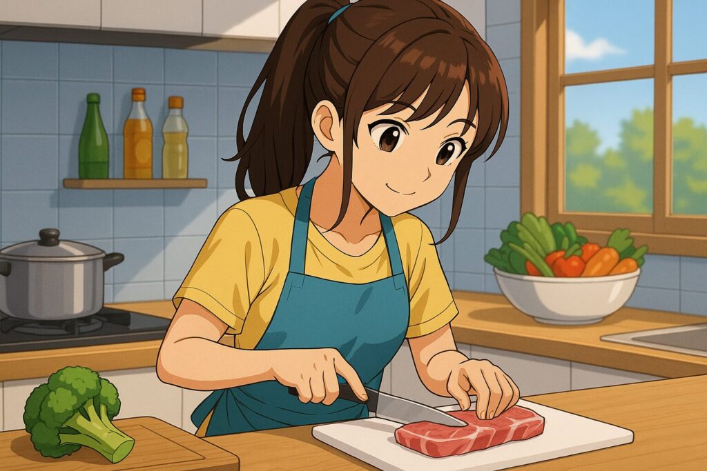 肉を専用まな板でカットしている女性