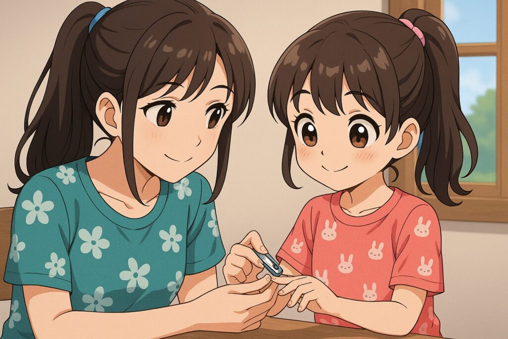 親子で爪を切っている様子