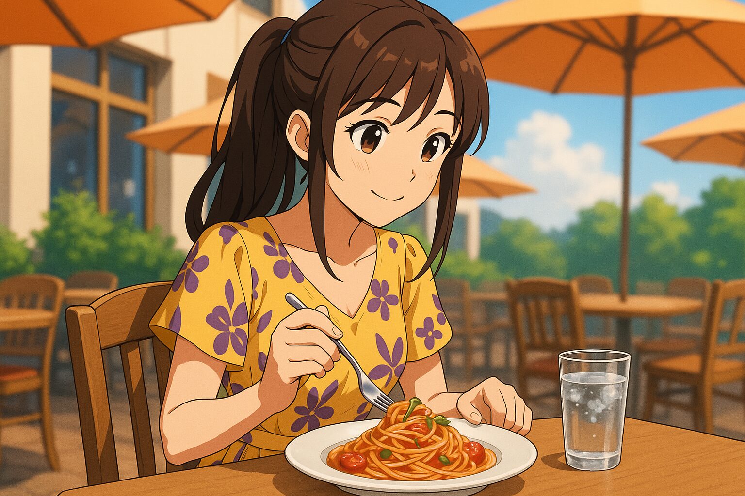 レストランでパスタを食べる女性