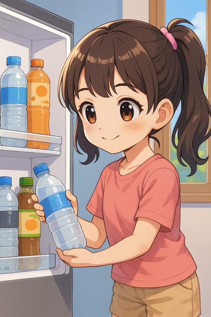 ペットボトル飲料を冷蔵庫にしまう女の子