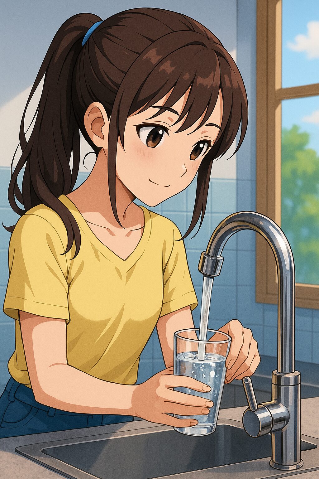 水道水をコップに注ぐ主婦