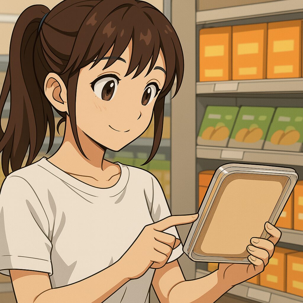 食品表示をチェックしている主婦