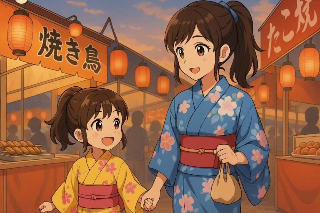 屋台を歩く主婦と女の子
