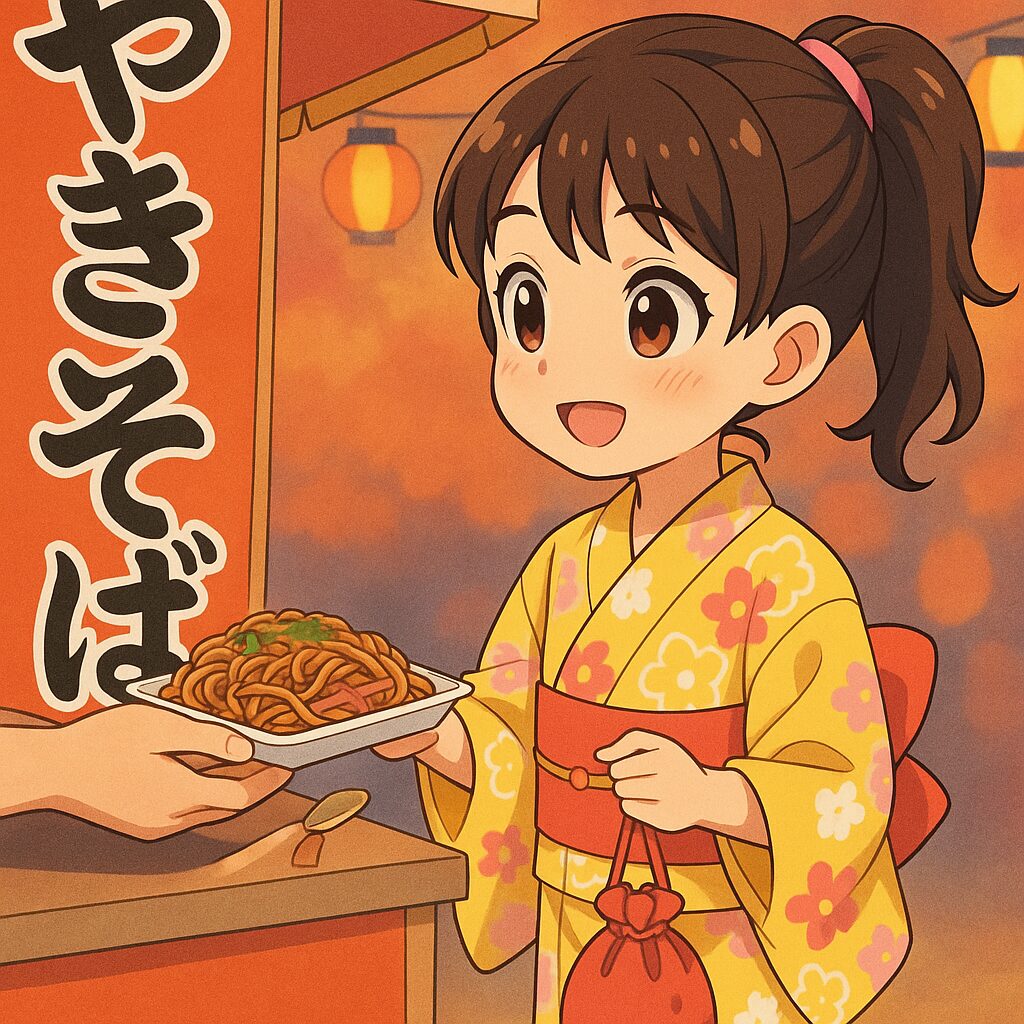 屋台で焼きそばを買う女の子