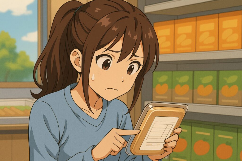 食品ラベルでアレルギー表示をチェックしている女性
