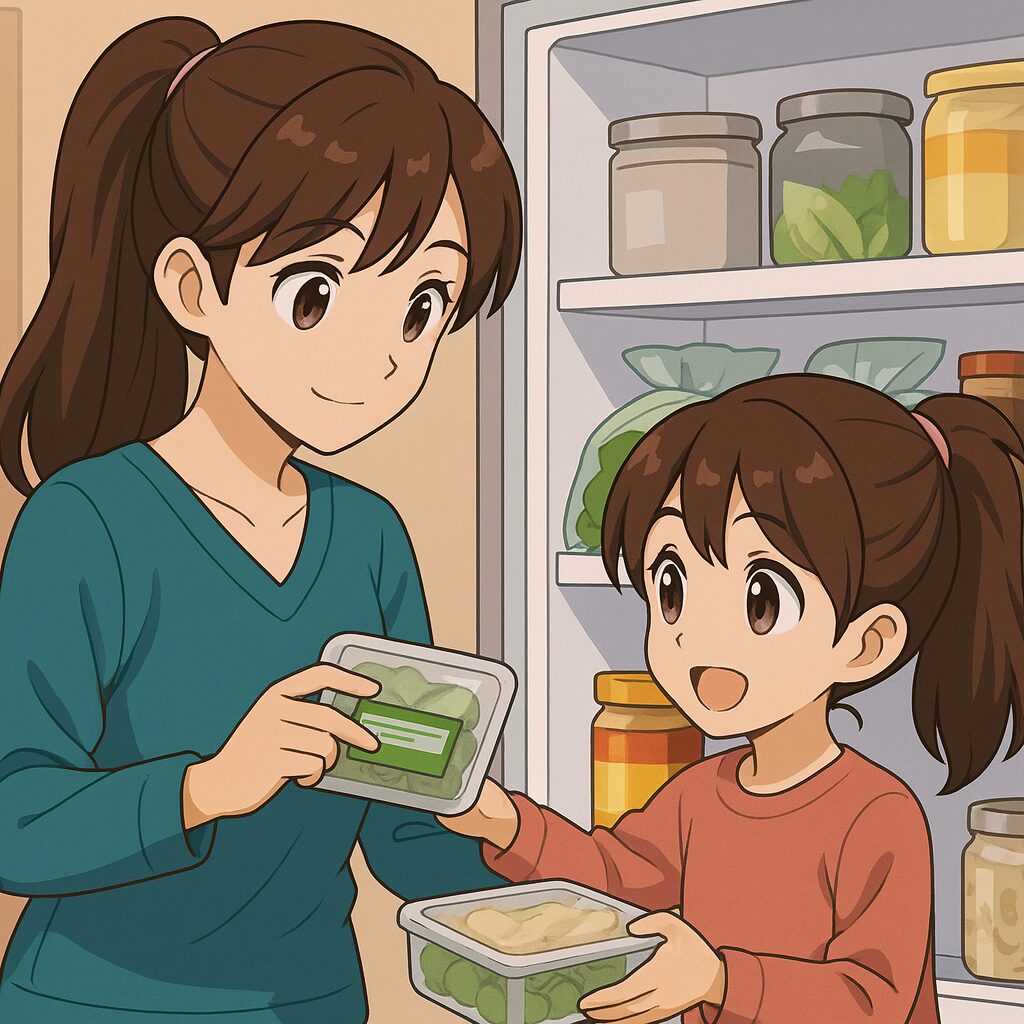 親子で食品表示を見ている様子