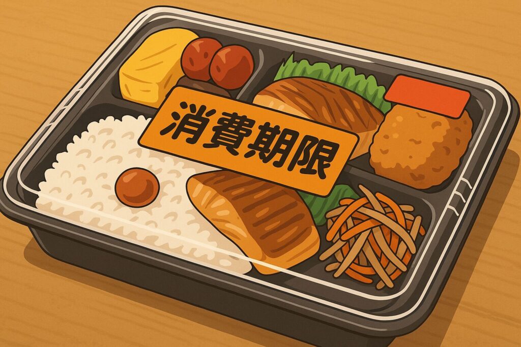 弁当の上に消費期限表示ラベルがある様子