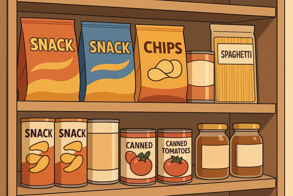 棚にあるスナック菓子や缶詰