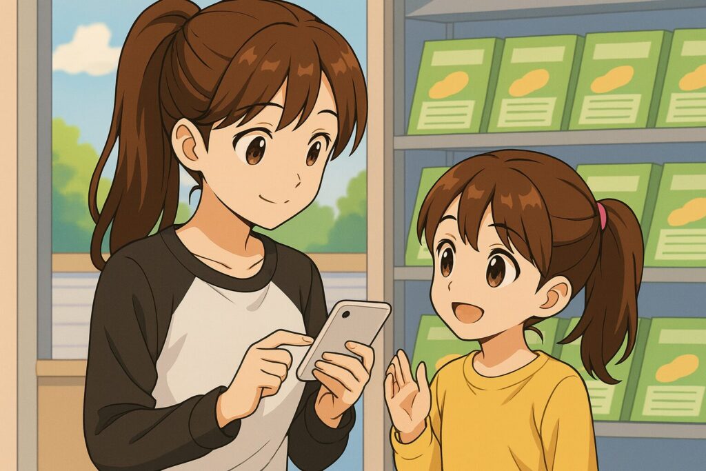スマートフォン見ながらアレルギーをチェックしている親子
