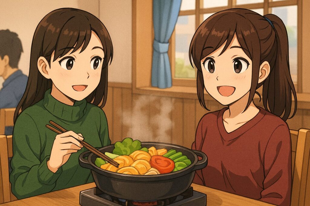 鍋で“これもうちょっと煮ようか”と声かけする様子