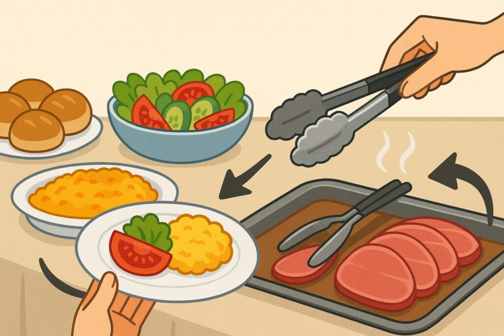 ビュッフェ形式、トングの共用