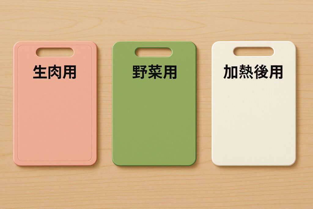 生肉用・野菜用・加熱後用に色分けされたまな板