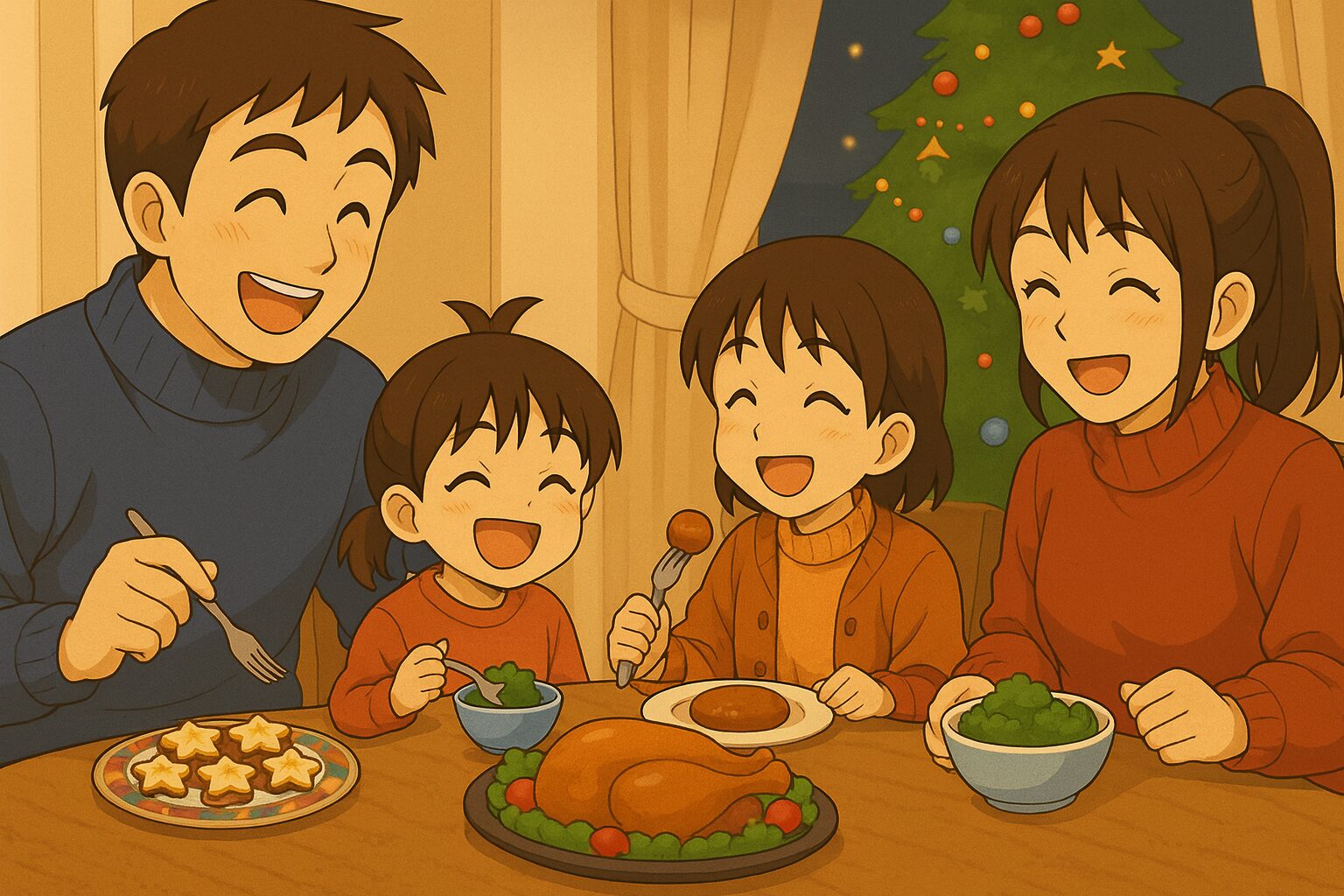 クリスマスを室内で料理を囲んで家族で楽しんでいる様子