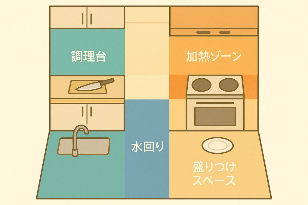 キッチンを4つのゾーンに色分けしたイラスト