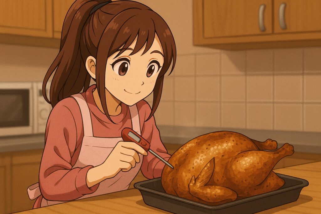 ローストチキンの中心温度を測るシーン