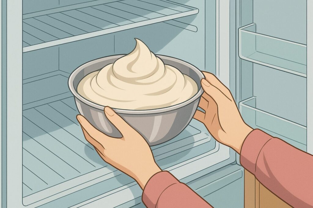 生クリームのボウルを冷蔵庫に入れる様子