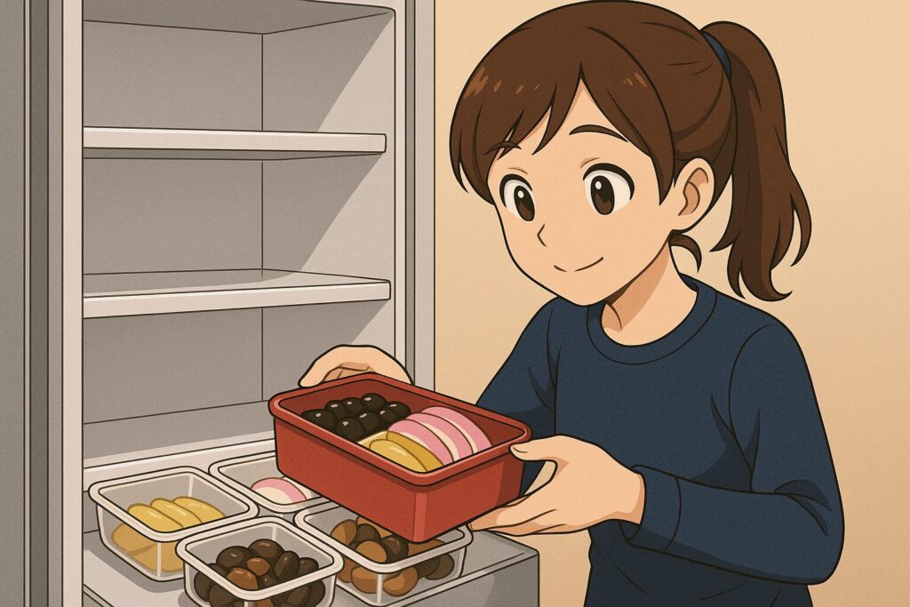 おせち料理を冷蔵庫に小分けして入れている